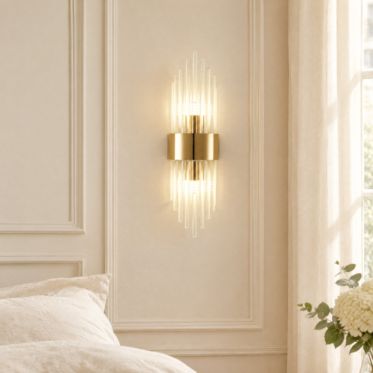Applique cristal dorée allumée sur un mur à moulures