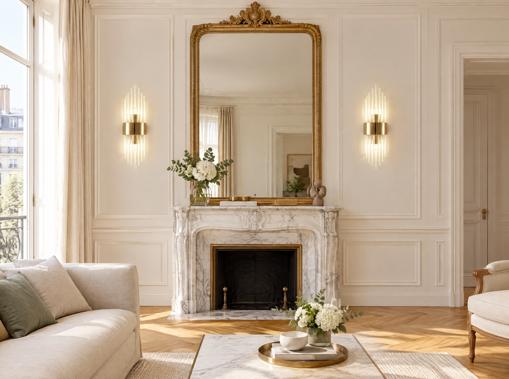 Deux appliques cristal dorées de part et d'autre d'un miroir au-dessus d'une cheminée