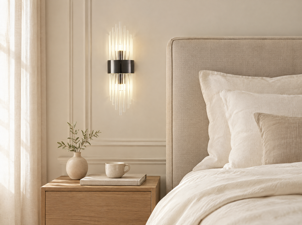 Applique cristal noire au-dessus d'une table de chevet