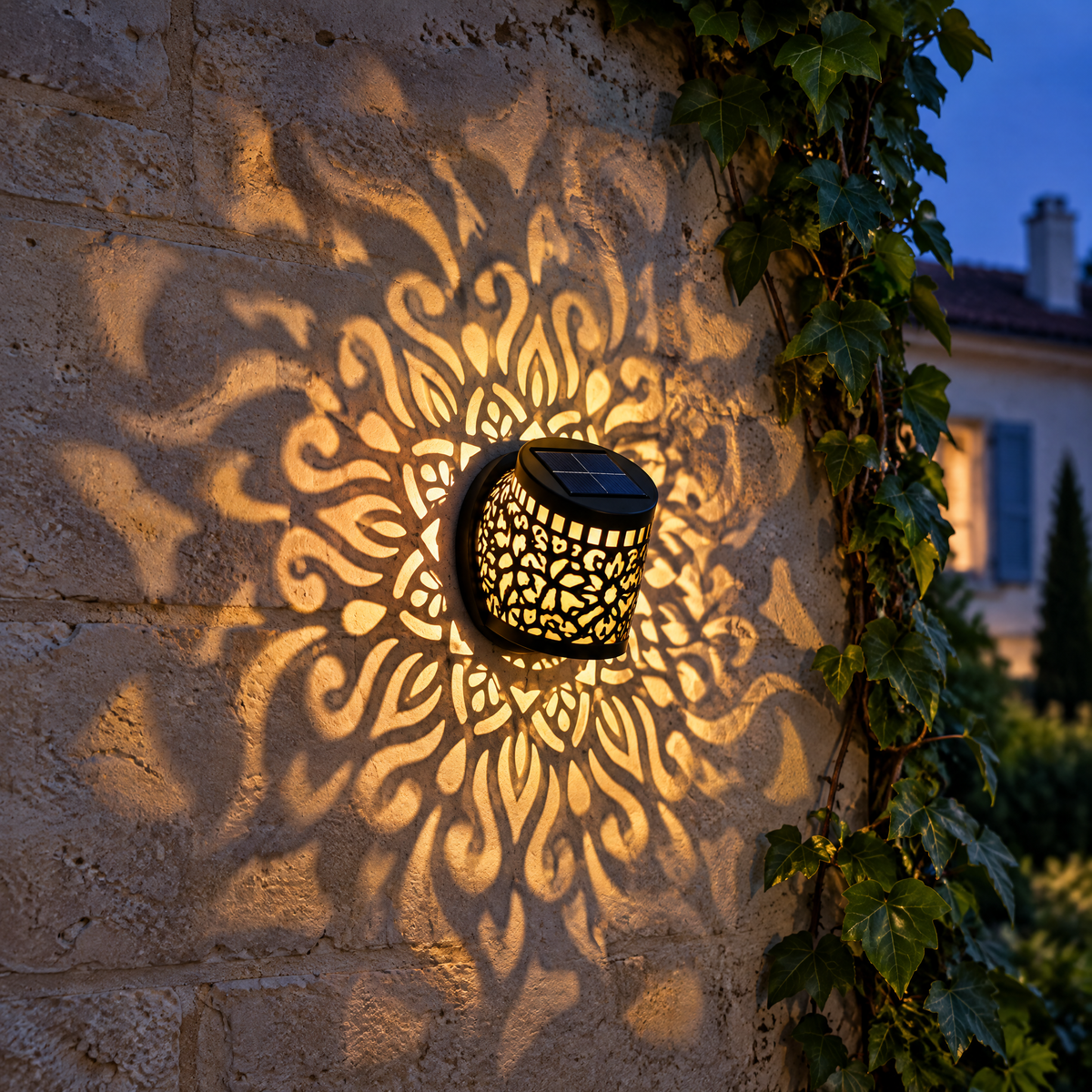 Lampe solaire murale projetant un motif mandala blanc chaud sur un mur de pierre