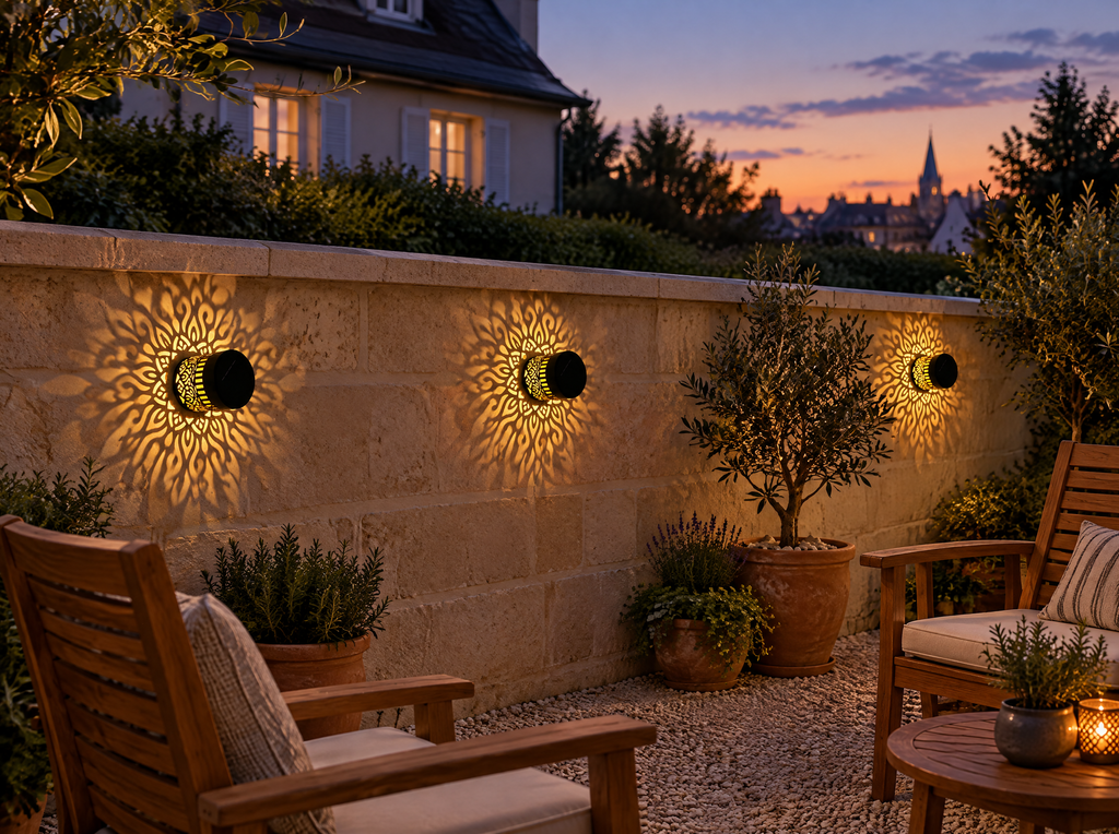 Trois lampes solaires mandala sur le mur d'une terrasse au crépuscule