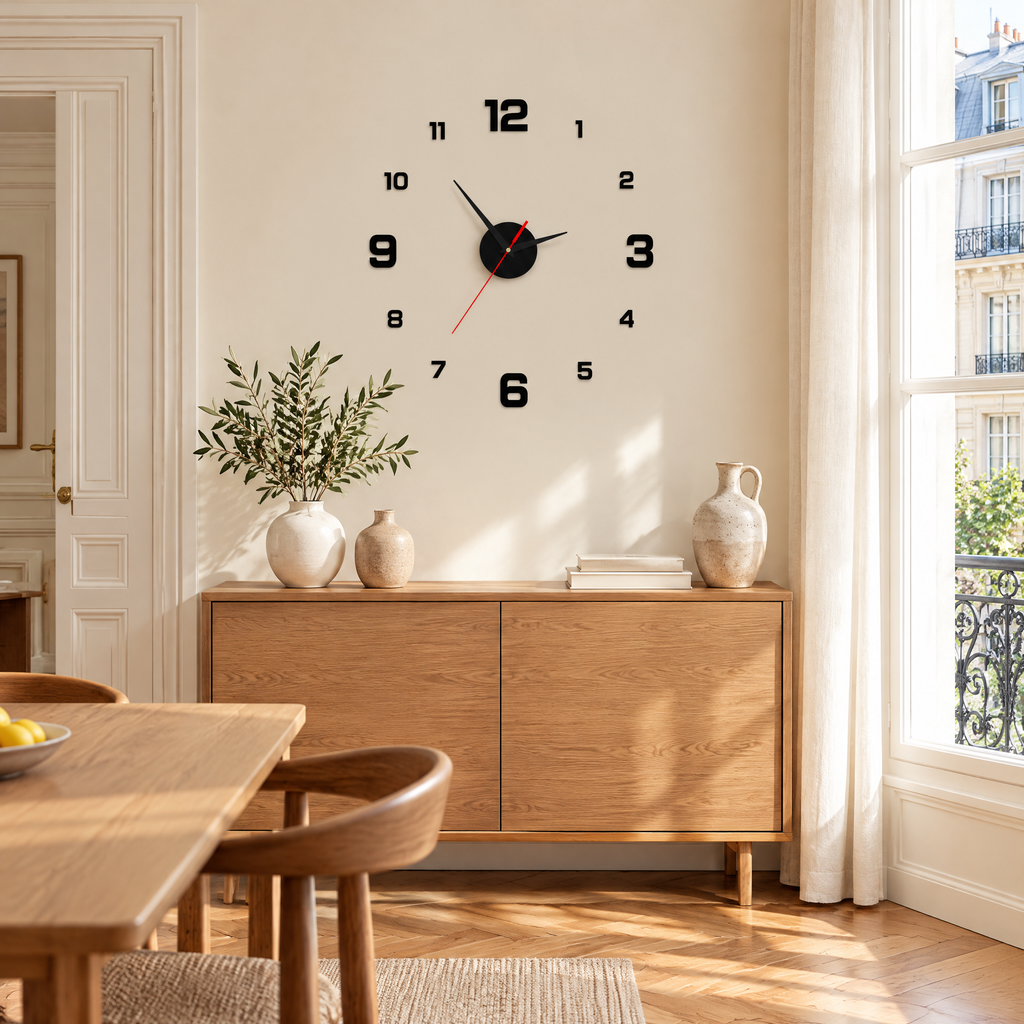 Horloge murale autocollante noire au-dessus d'un buffet en chêne