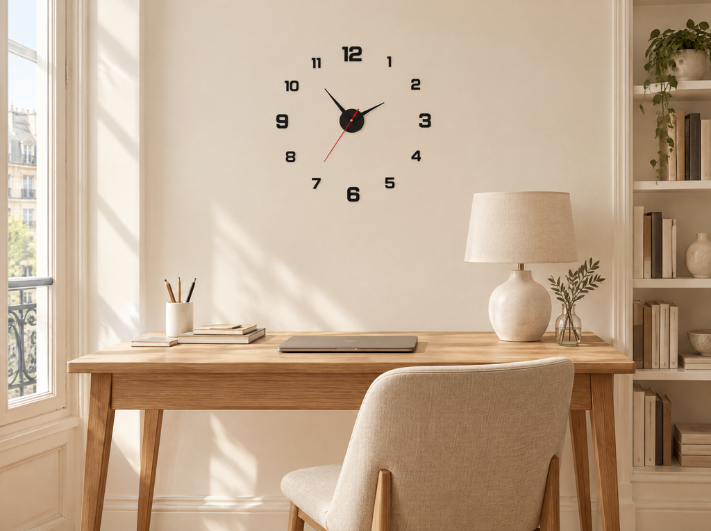 Horloge murale autocollante noire au-dessus d'un bureau