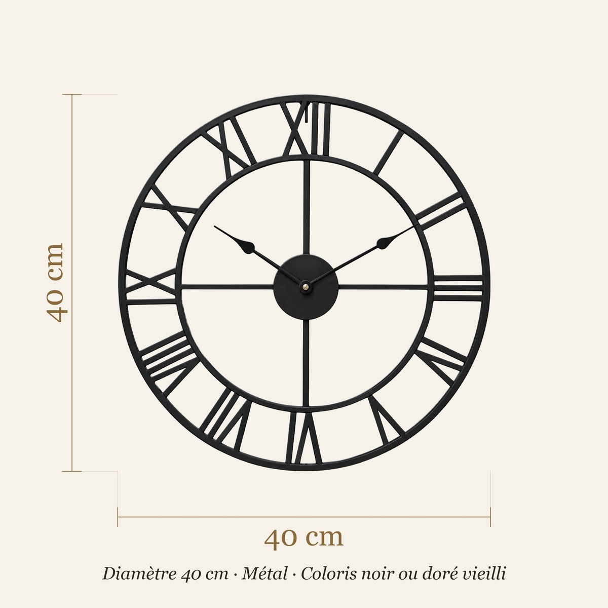 Schéma coté de l'horloge : diamètre 40 cm