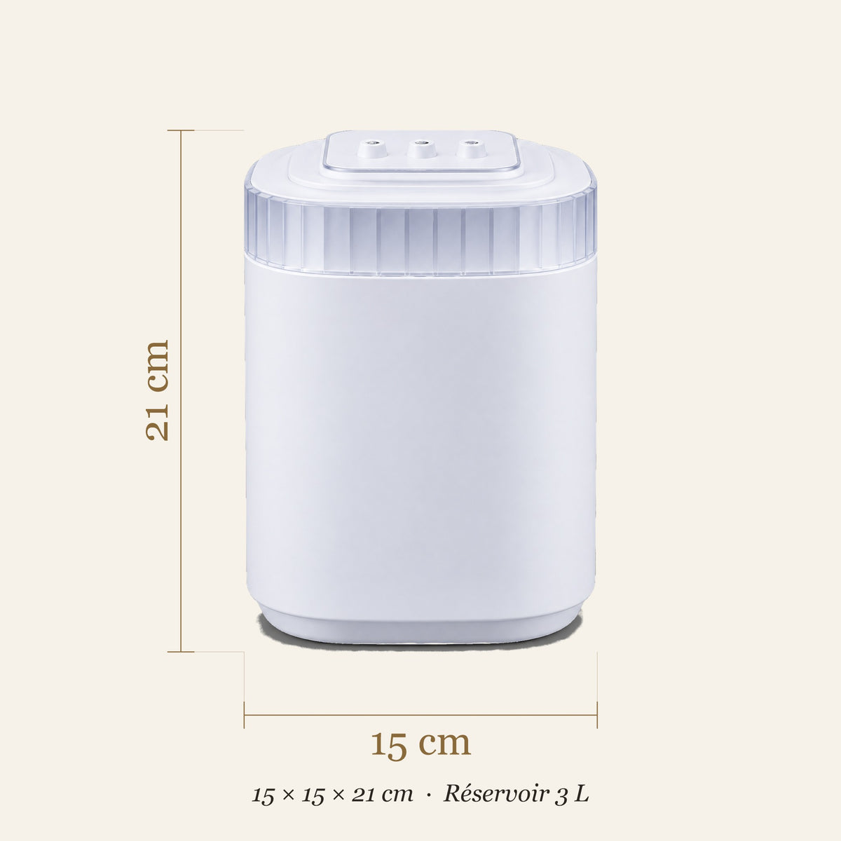 Dimensions de l'humidificateur d'air : 15 × 15 × 21 cm, réservoir 3 L