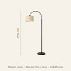 Dimensions du lampadaire arc : hauteur 170 cm, abat-jour Ø 25 cm, socle Ø 30 cm