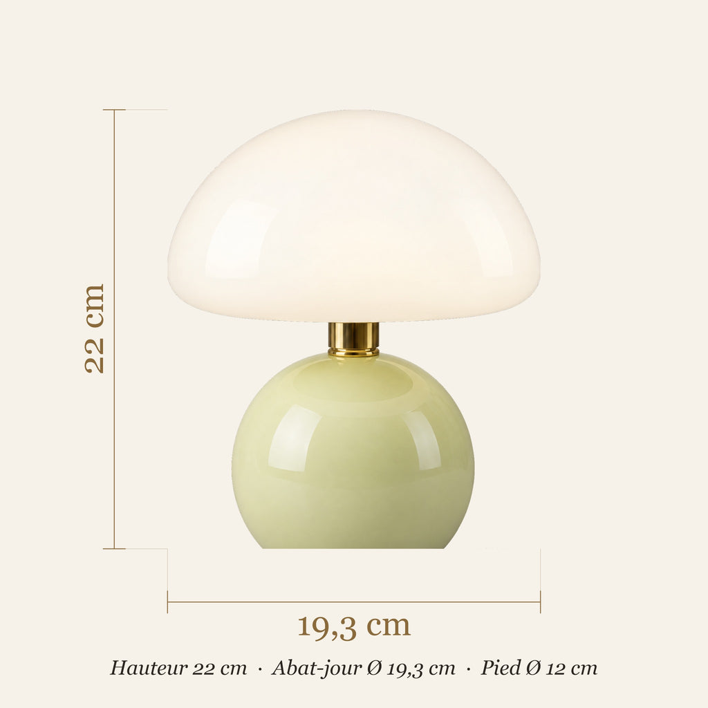 Dimensions de la lampe champignon en céramique : hauteur 22 cm, abat-jour 19,3 cm