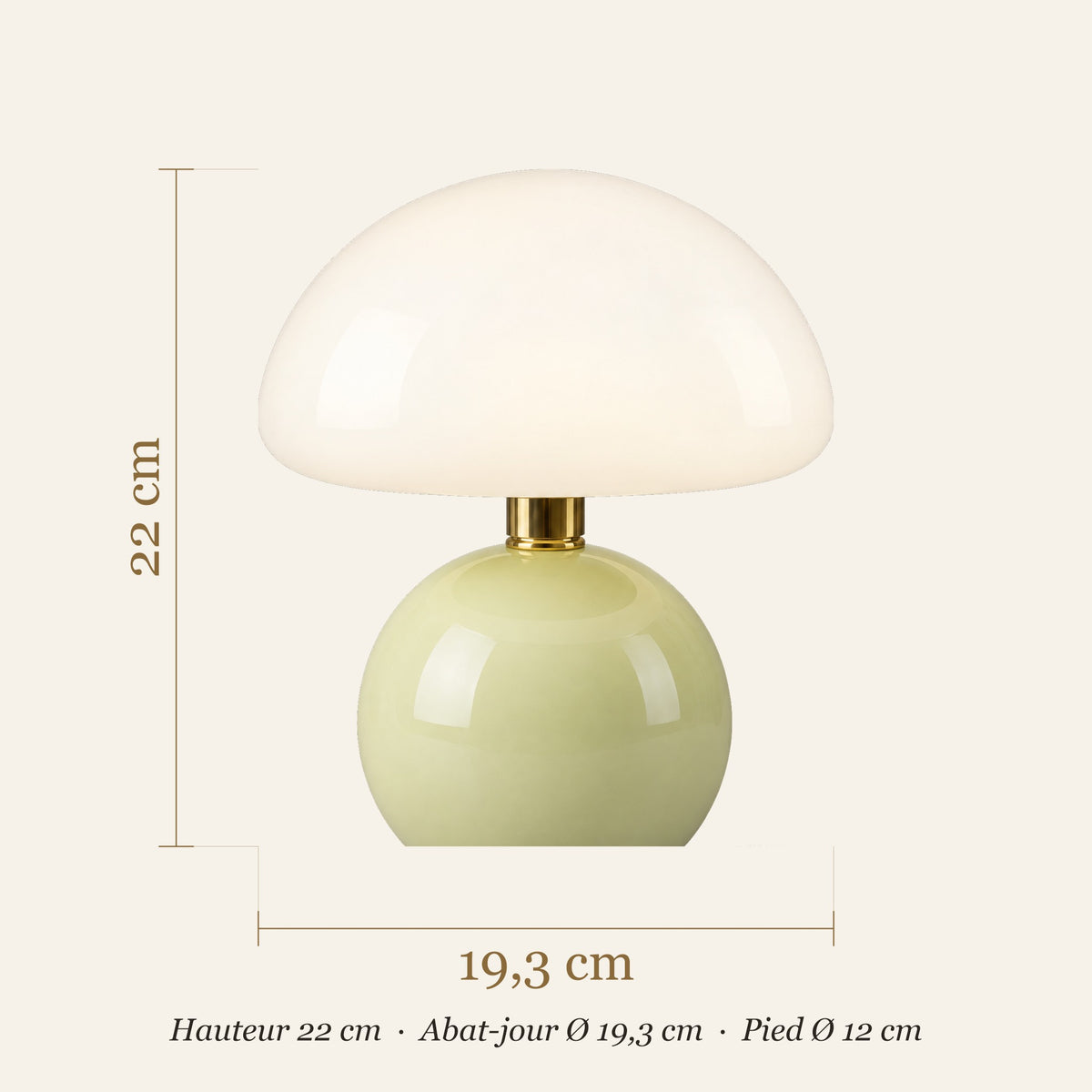 Dimensions de la lampe champignon en céramique : hauteur 22 cm, abat-jour 19,3 cm
