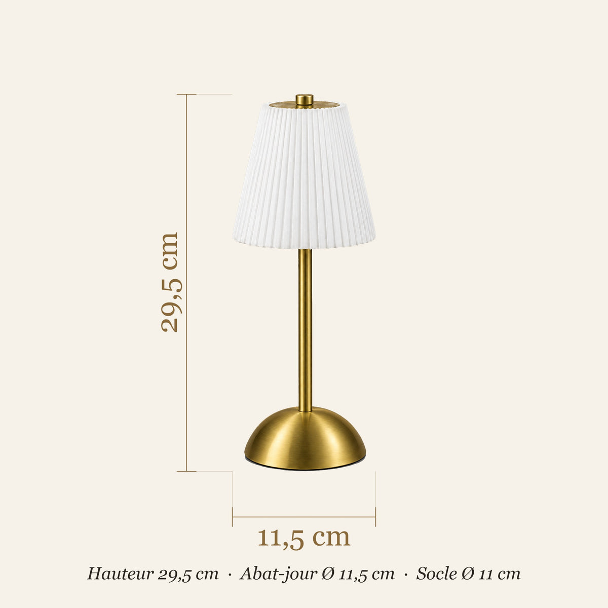Dimensions de la lampe de chevet plissée : hauteur 29,5 cm, abat-jour 11,5 cm, socle 11 cm