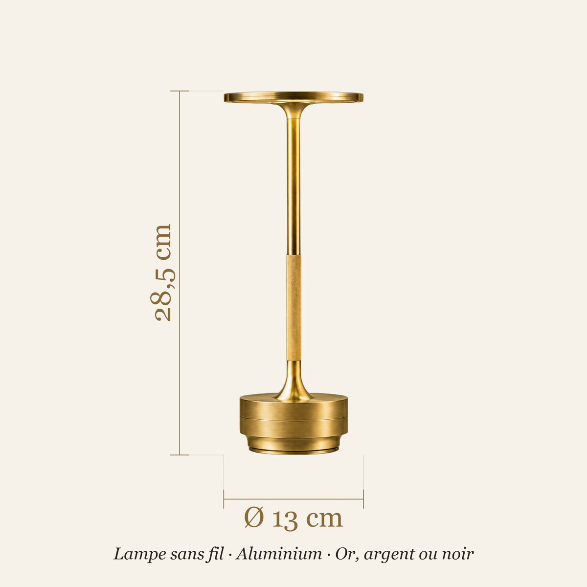 Schéma coté de la lampe sans fil : Ø 13 cm, hauteur 28,5 cm