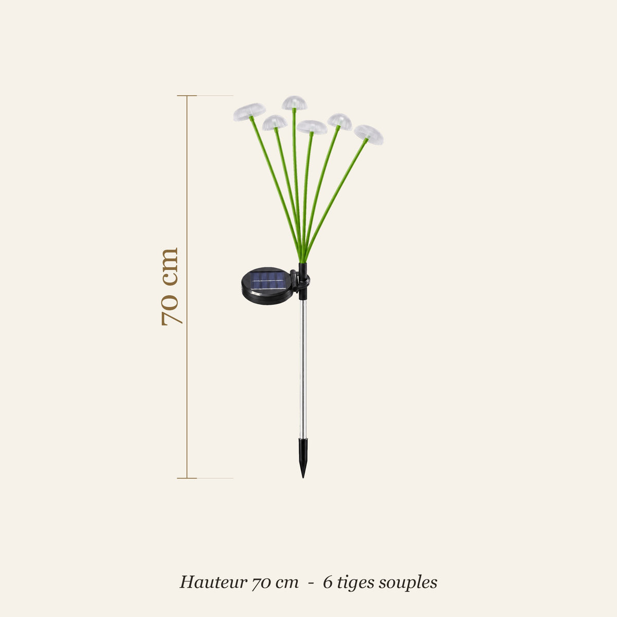Dimensions de la lampe solaire champignons : hauteur 70 cm, 6 tiges