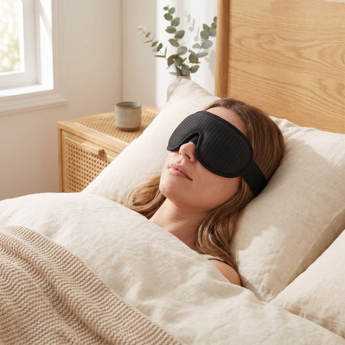 Femme dormant paisiblement avec le masque de sommeil 3D occultant noir Maison Reposéa, chambre en lumière douce