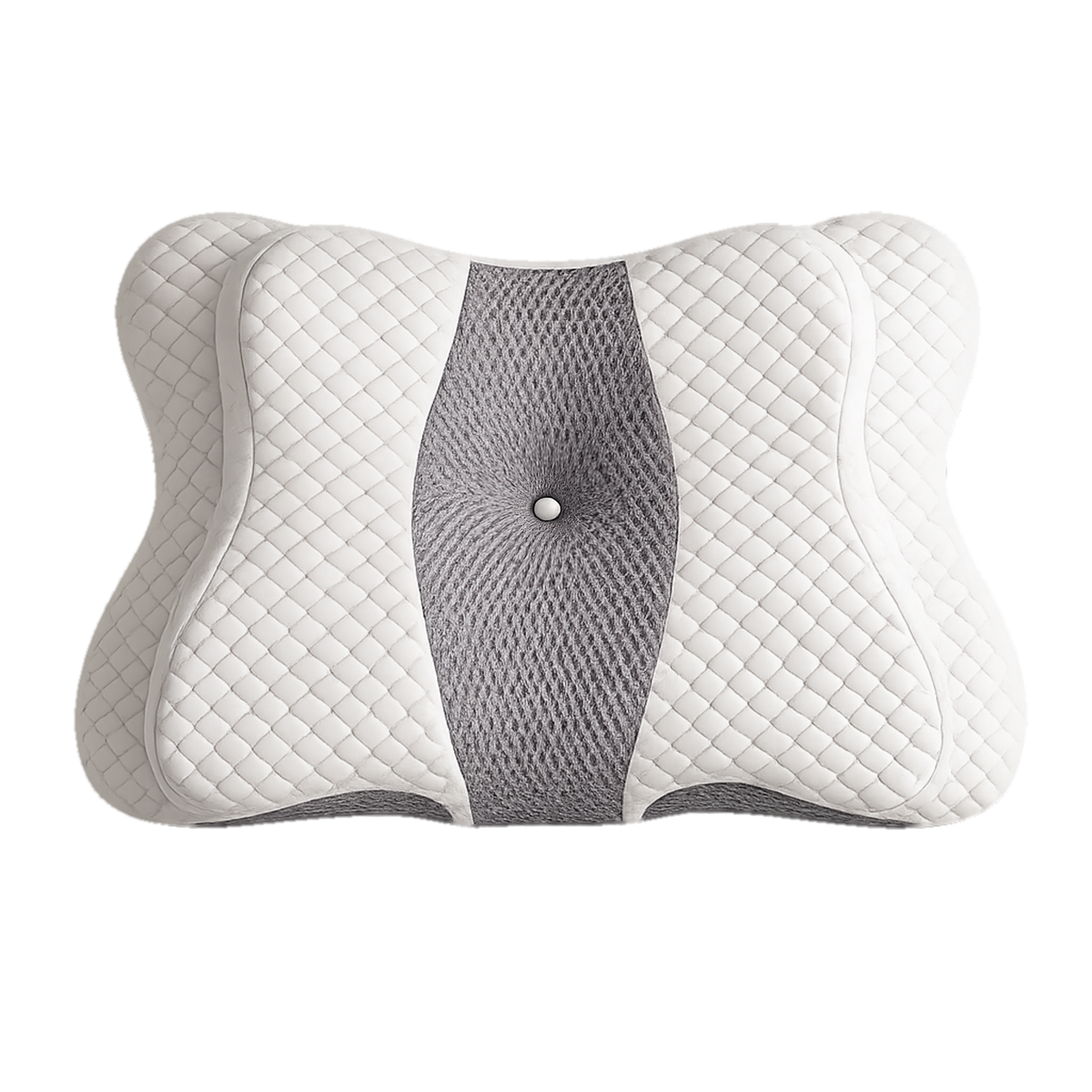 Oreiller cervical papillon Maison Reposéa détouré, housse blanche matelassée et panneau central mesh gris
