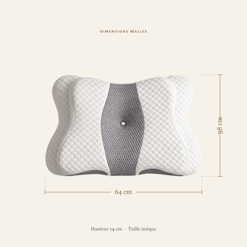 Oreiller cervical papillon Maison Reposéa vu de dessus, coté 64 cm de large sur 38 cm de profondeur, hauteur 14 cm