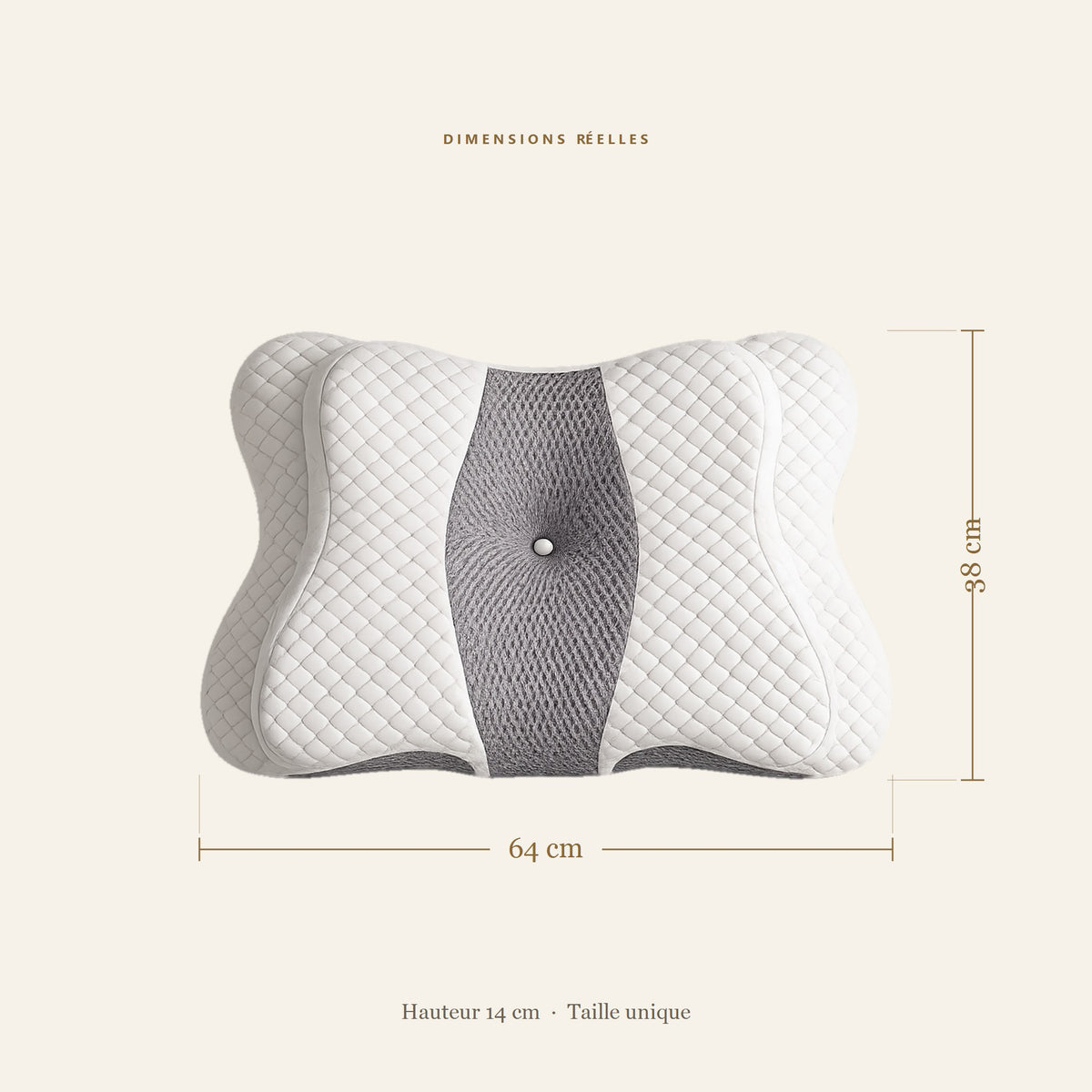 Oreiller cervical papillon Maison Reposéa vu de dessus, coté 64 cm de large sur 38 cm de profondeur, hauteur 14 cm
