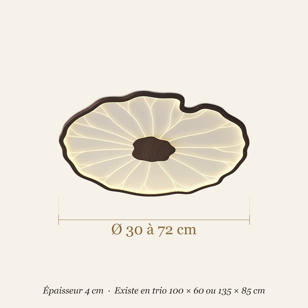 Dimensions du plafonnier LED feuille de lotus : Ø 30 à 72 cm, épaisseur 4 cm, existe en trio 100 × 60 ou 135 × 85 cm
