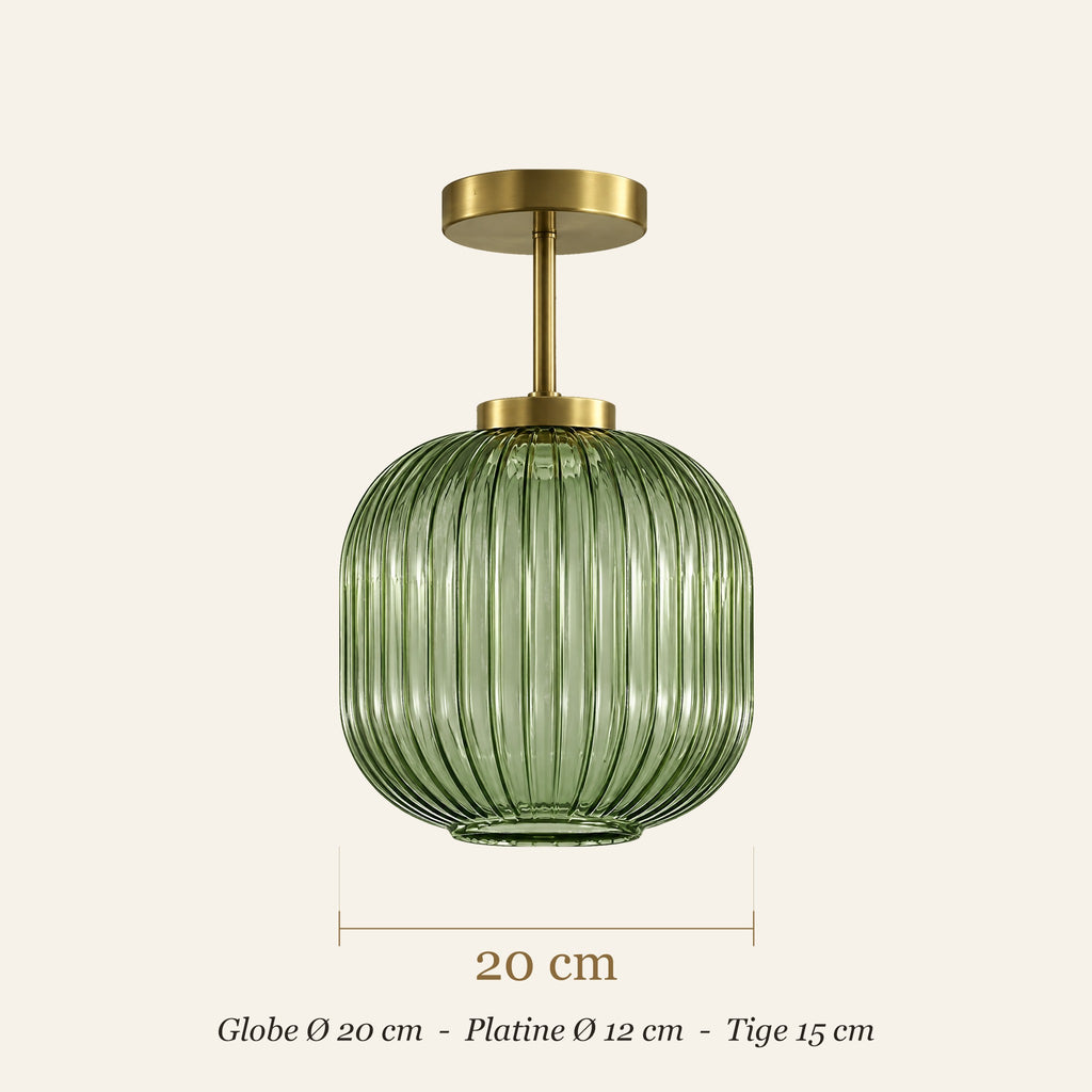 Dimensions du plafonnier en verre strié : globe Ø 20 cm, platine 12 cm, tige 15 cm
