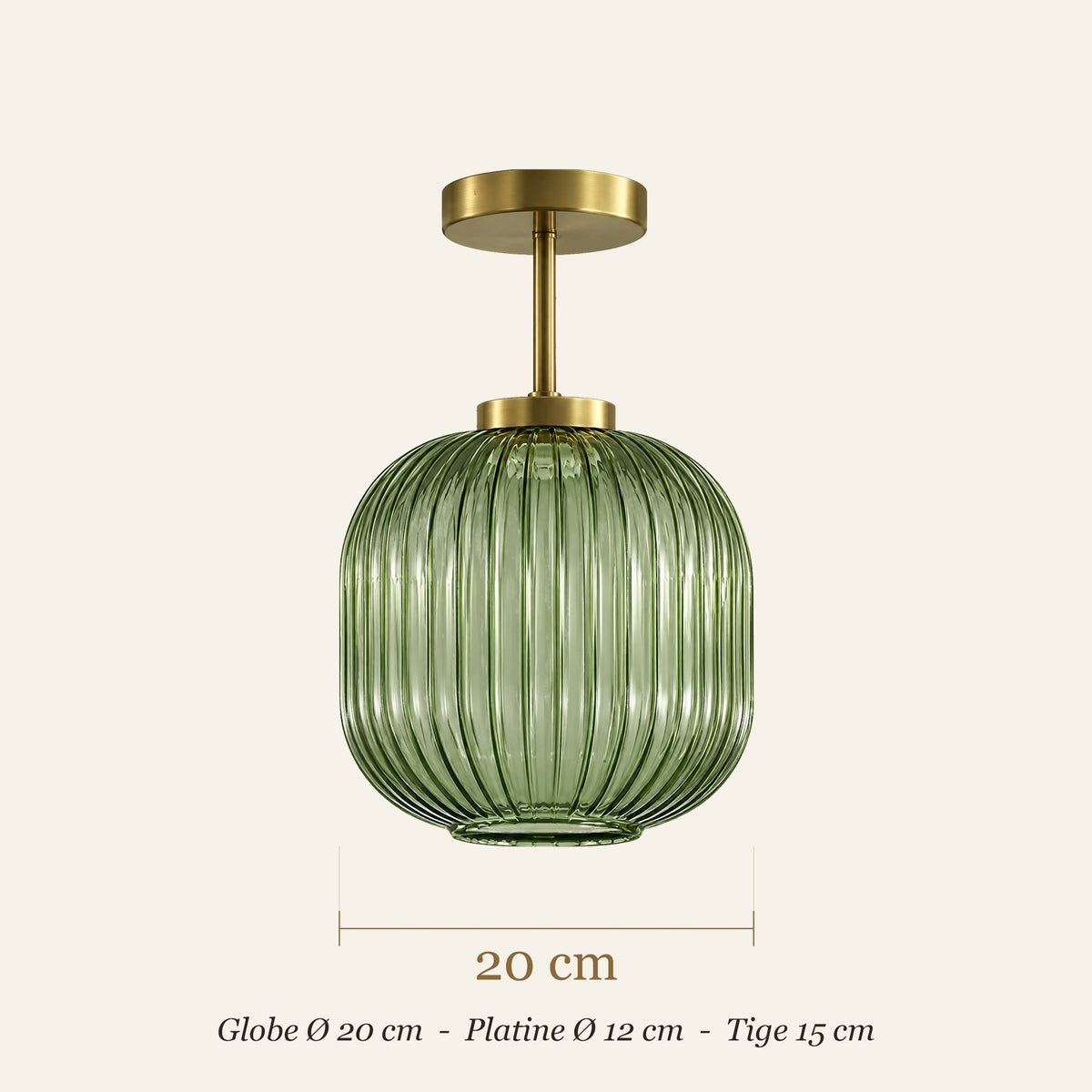 Dimensions du plafonnier en verre strié : globe Ø 20 cm, platine 12 cm, tige 15 cm
