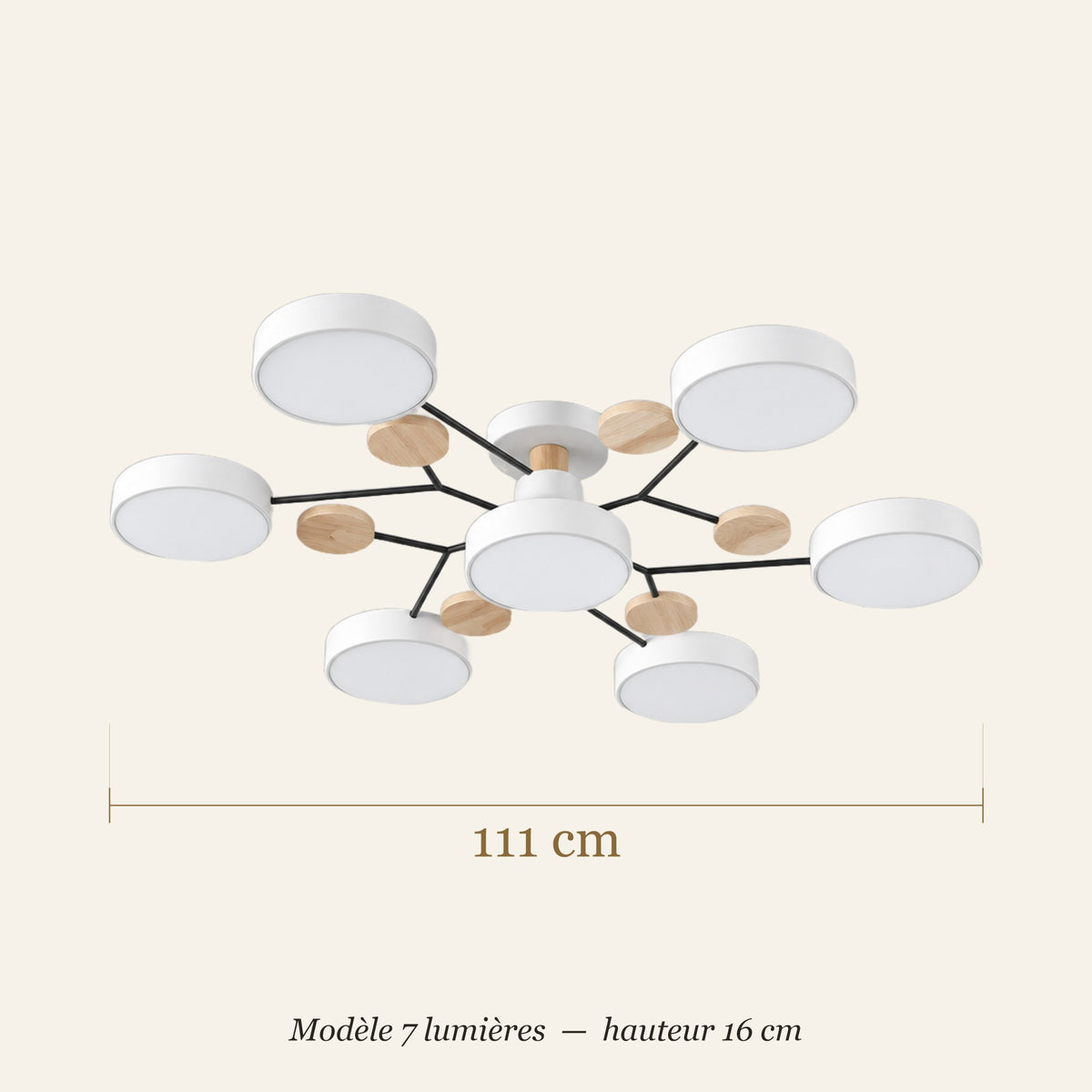 Schéma des dimensions du plafonnier à branches, modèle 7 lumières : envergure 111 cm, hauteur 16 cm