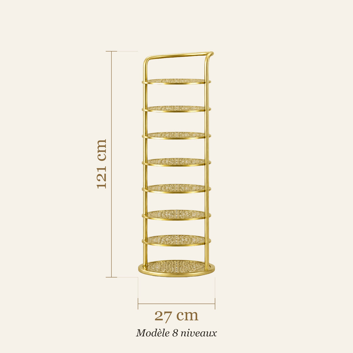 Schéma des dimensions du range-chaussures, modèle 8 niveaux : 121 cm de haut, 27 cm de diamètre