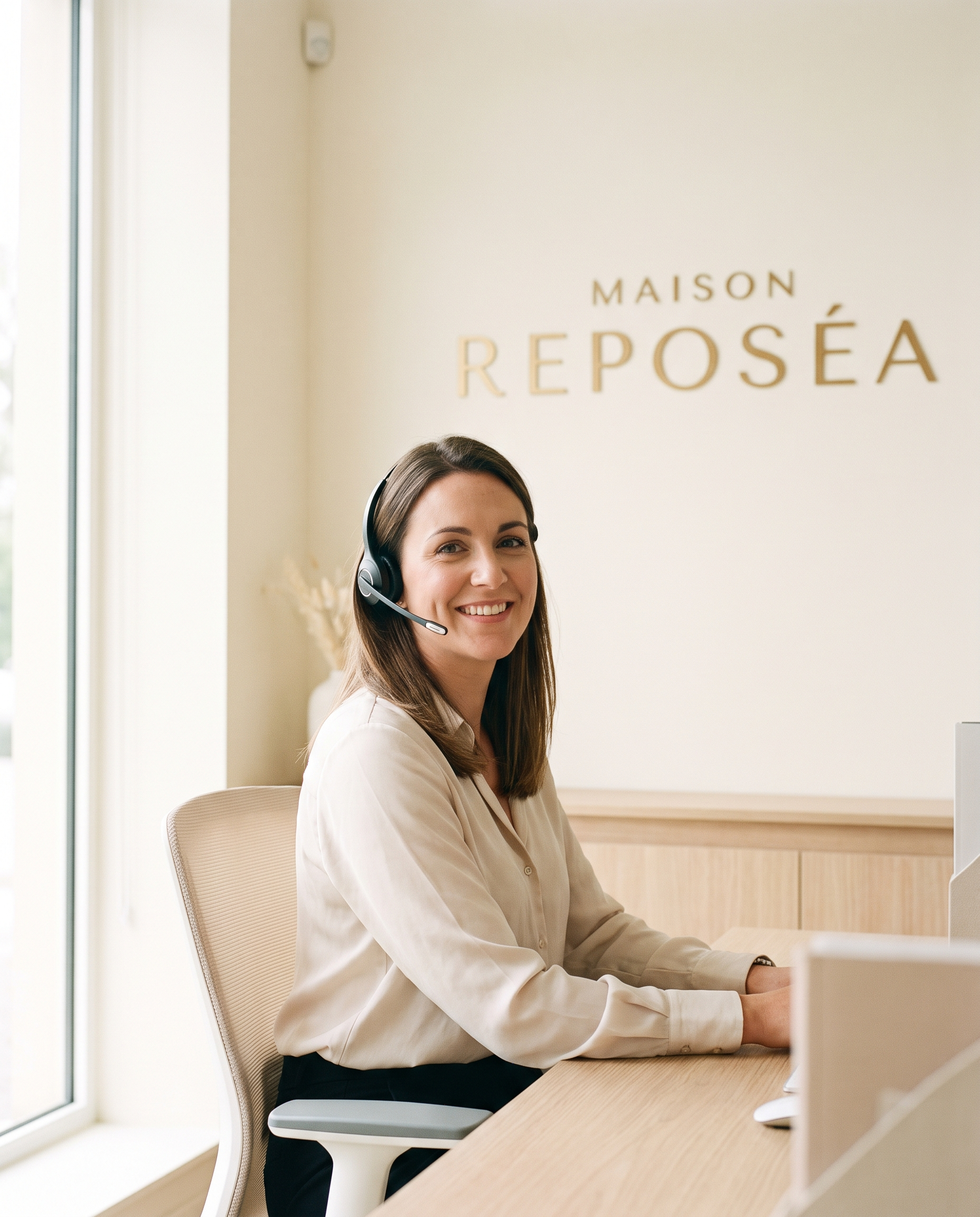 Conseillère du service client Maison Reposéa, casque-micro, répond aux messages