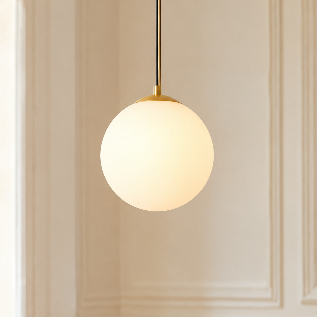 Suspension boule en verre opaline blanche allumée, pavillon doré, en gros plan
