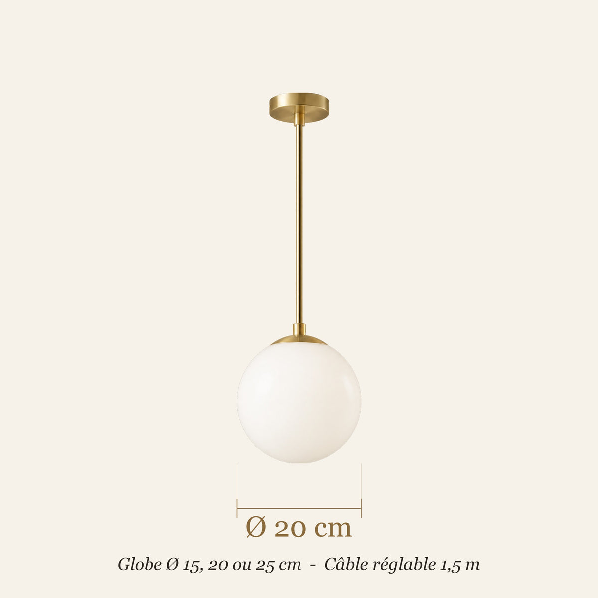 Dimensions de la suspension boule opaline : globe Ø 15, 20 ou 25 cm
