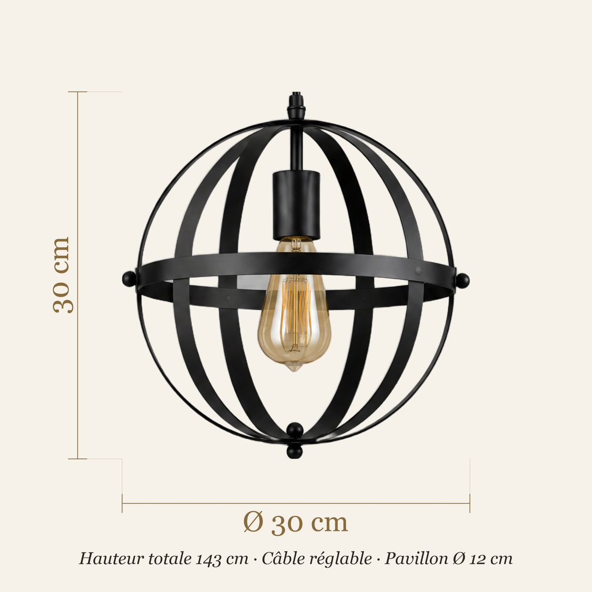 Schéma coté de la suspension globe : Ø 30 cm