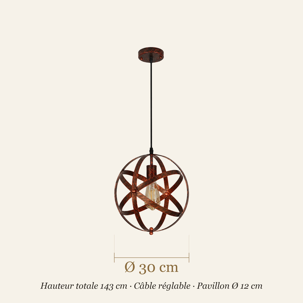 Schéma coté de la suspension sphère : Ø 30 cm, hauteur totale 143 cm
