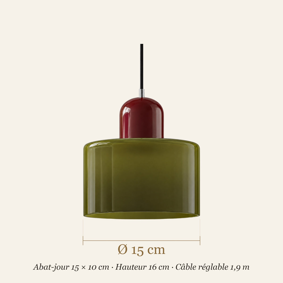 Schéma coté de la suspension en verre : Ø 15 cm, hauteur 16 cm