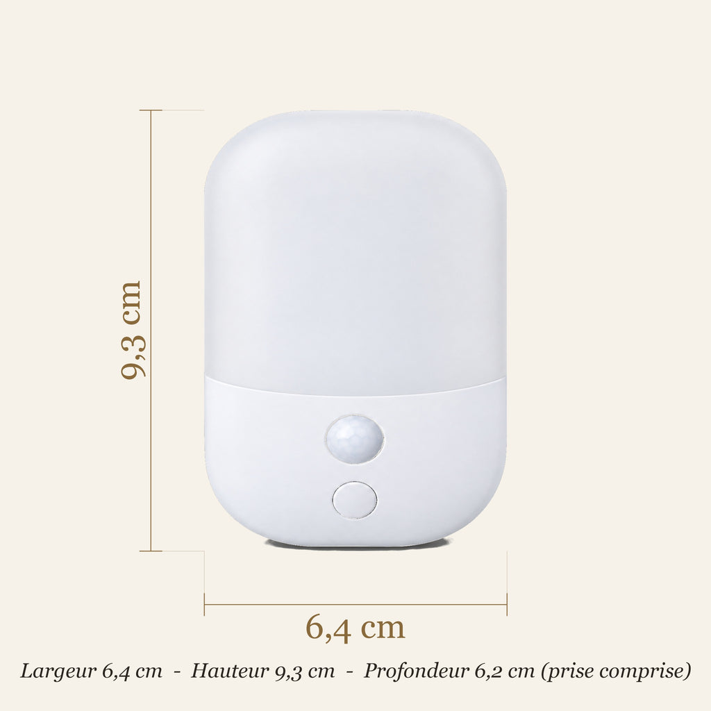 Dimensions de la veilleuse sur prise : 6,4 × 9,3 cm, profondeur 6,2 cm