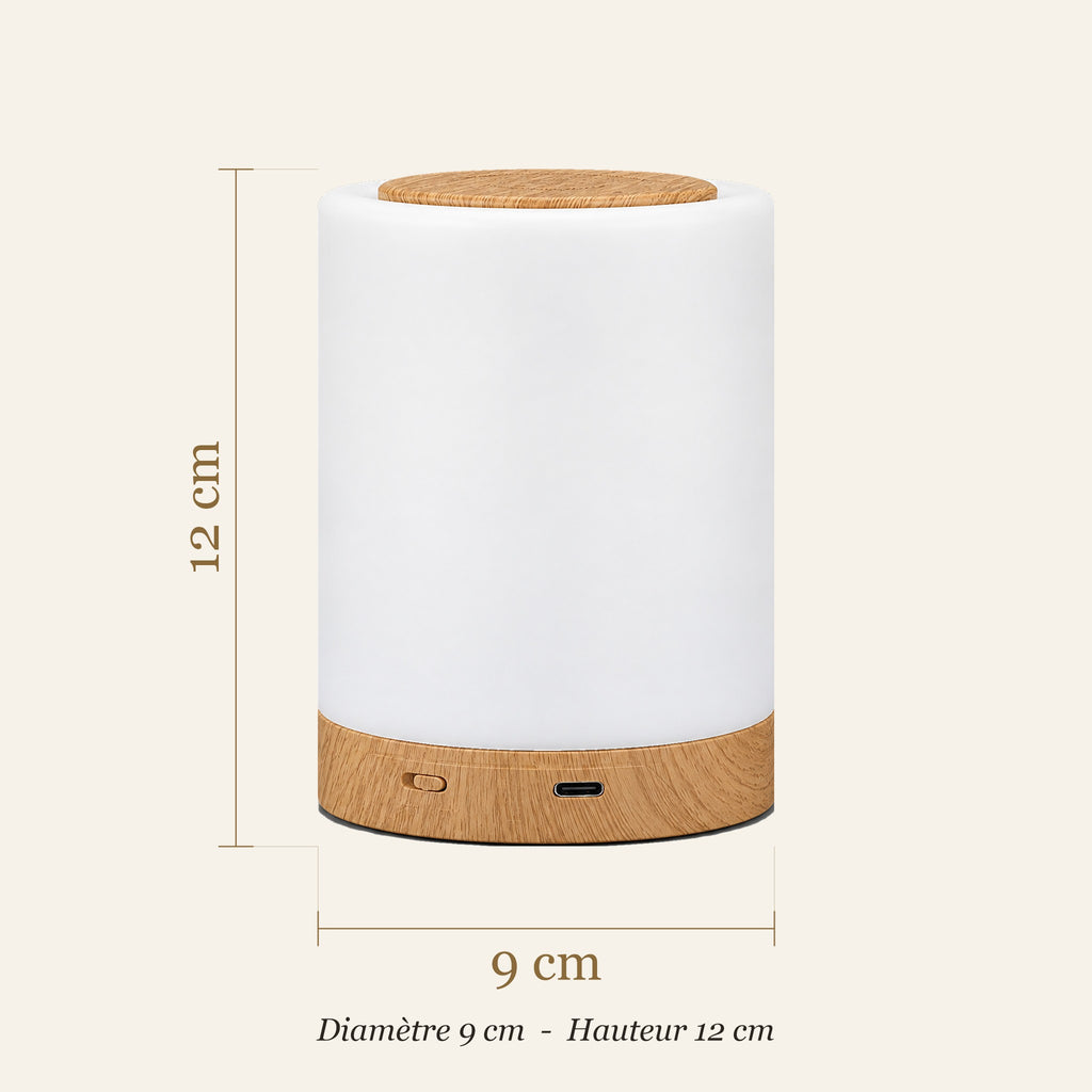 Dimensions de la lampe de chevet tactile : diamètre 9 cm, hauteur 12 cm