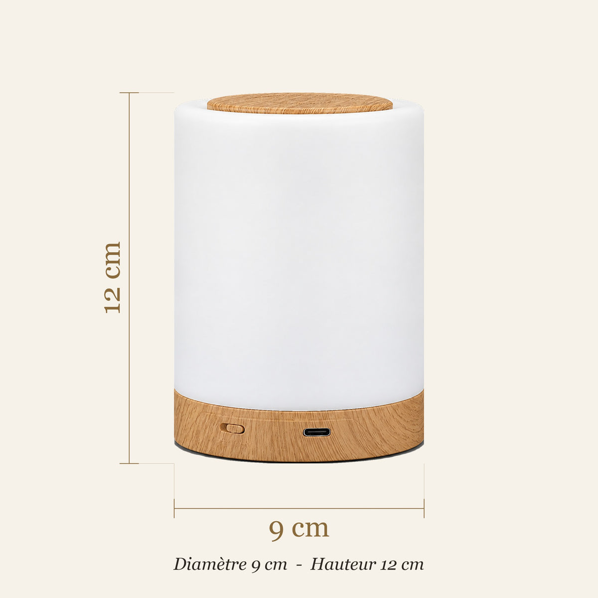 Dimensions de la lampe de chevet tactile : diamètre 9 cm, hauteur 12 cm